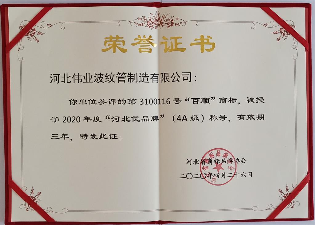 河北省优品牌证书