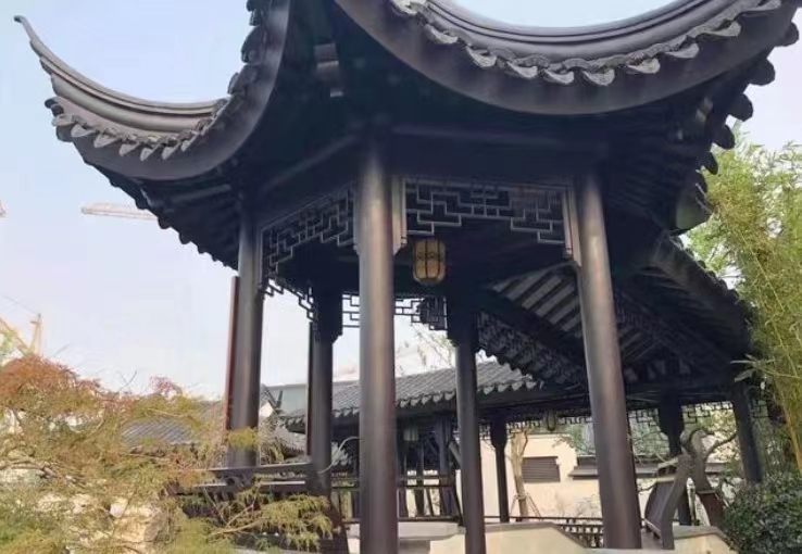 仿古建筑铝代木，古建别墅铝合金，复古连廊凉亭美人靠构件