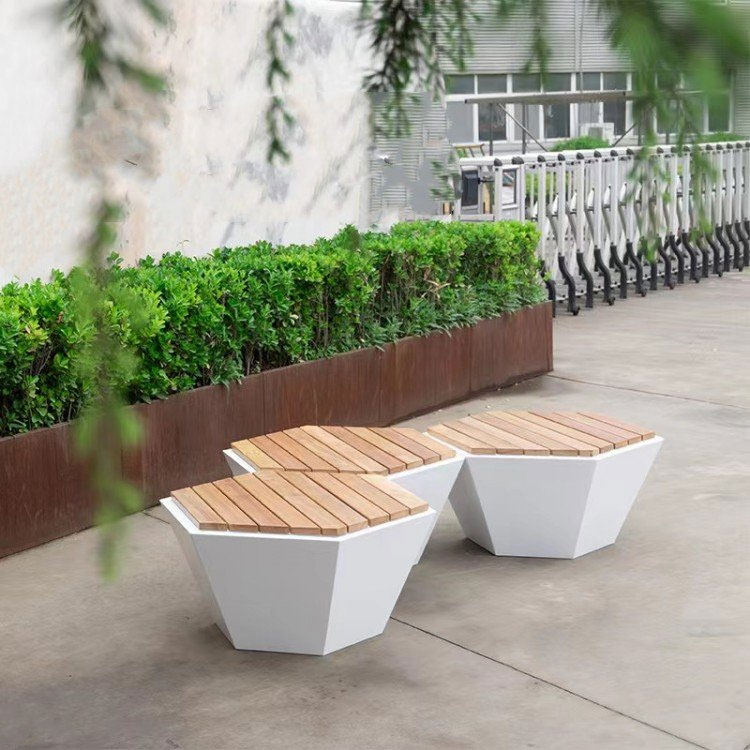 不锈钢异形菠萝格坐凳多边形组合硬木座凳公园椅子户外休闲长椅