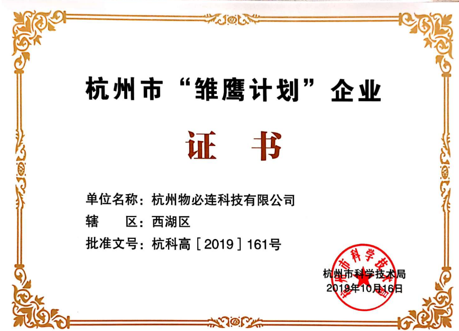 杭州市雏鹰企业证书