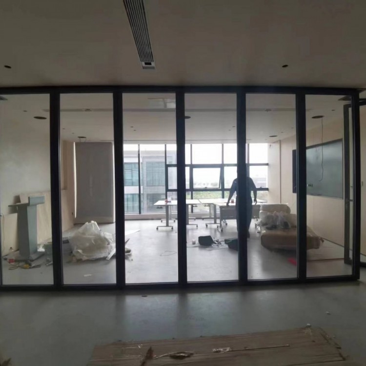 办公室铝框吊轨玻璃隔断墙可伸缩收纳屏风吊折门设计